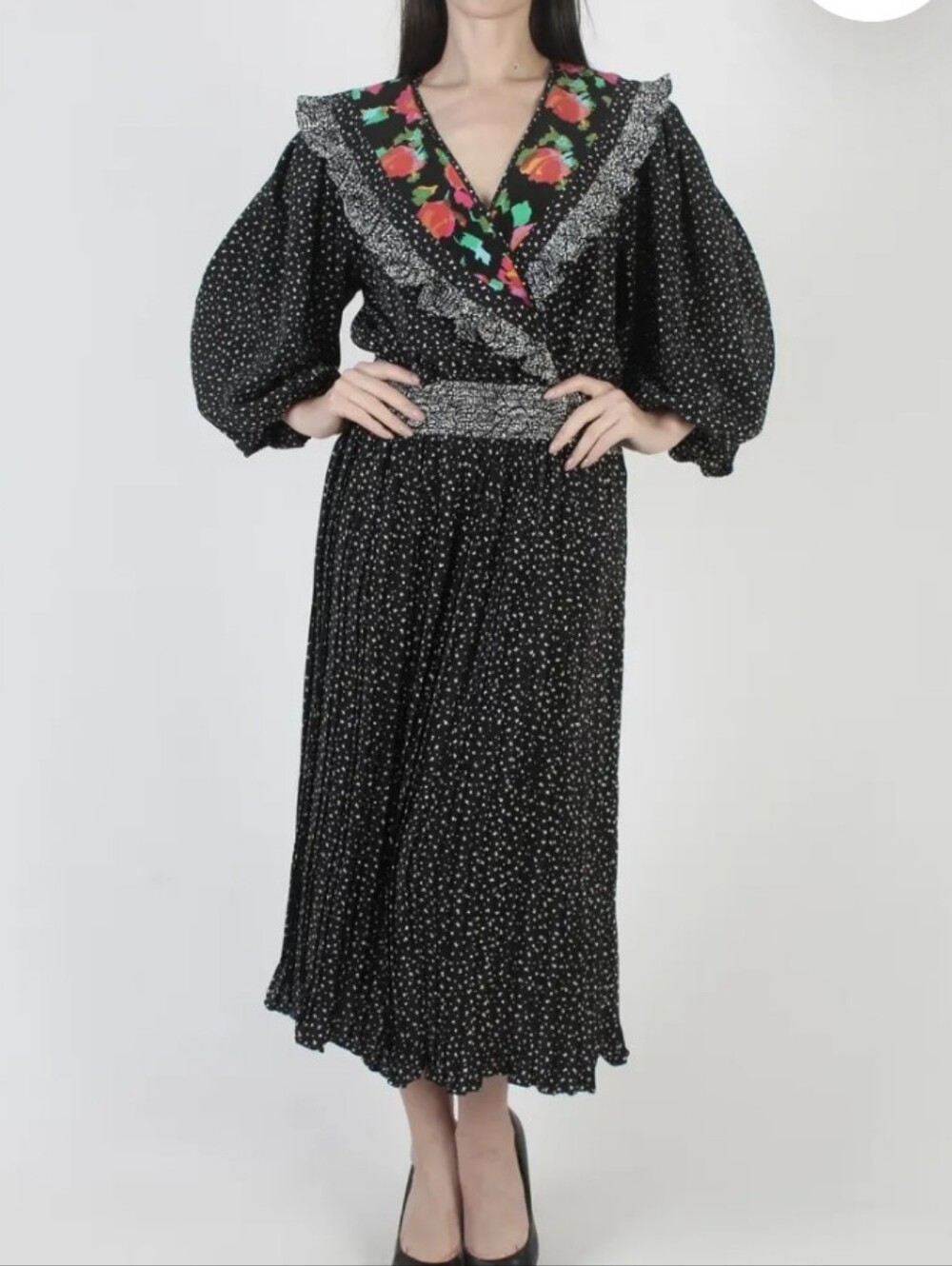 Black Floral Trim Midi Dress with Puff Sleeves/Size XS to S